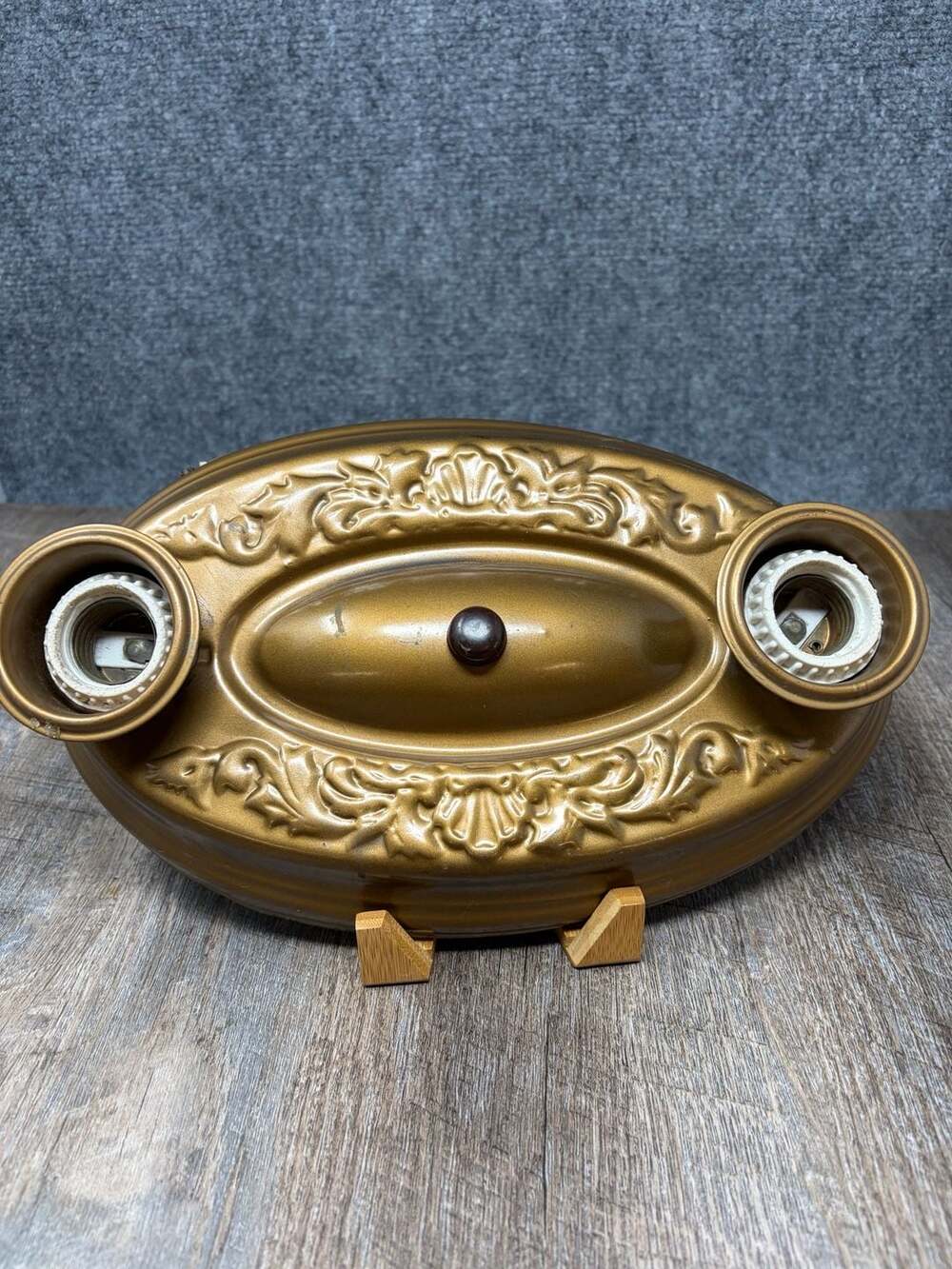 Vintage Art Nouveau Deco Pressed Tin Metal 2 Bulb Flush Mount Ceiling Light 12 “